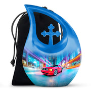 Slate Blue Car Cremation Urn top-down view of secure threaded lid - cross and car combined in spiritual memorial design - full-size 10 inch 200 cubic inch adult cremation urn