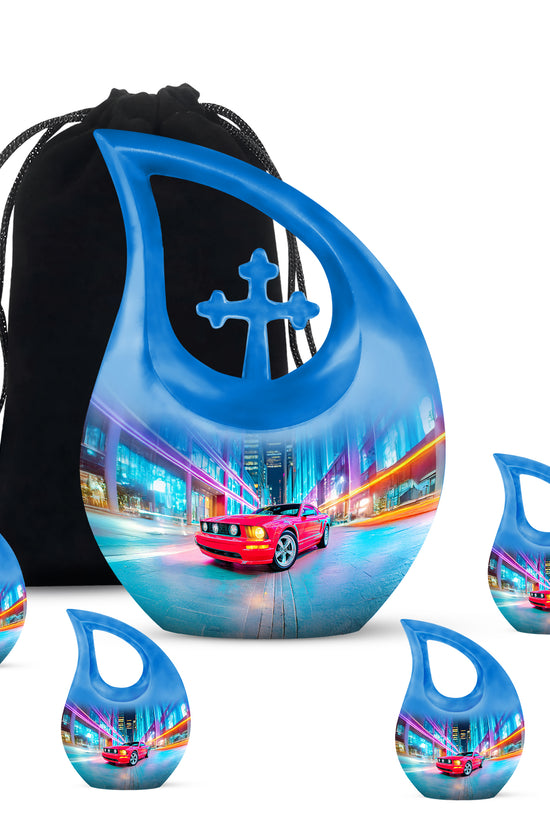 Calming Blue Car Cremation Urn urn with complimentary velvet bag - devotional cross-drop car engraving - memorial set with one large and four small urns