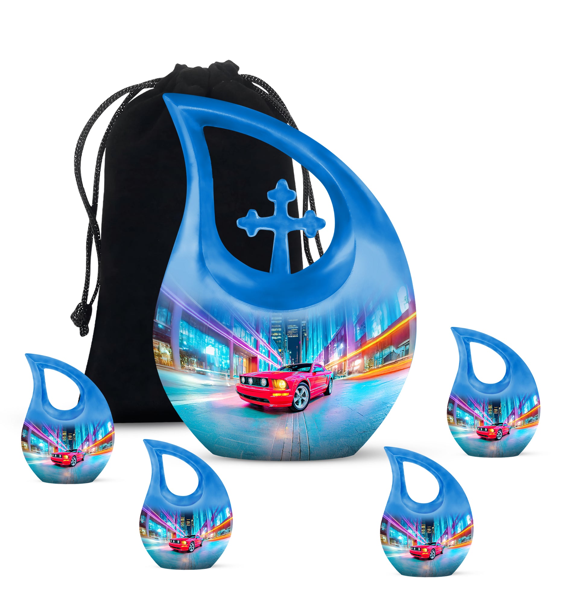 Calming Blue Car Cremation Urn urn with complimentary velvet bag - devotional cross-drop car engraving - memorial set with one large and four small urns