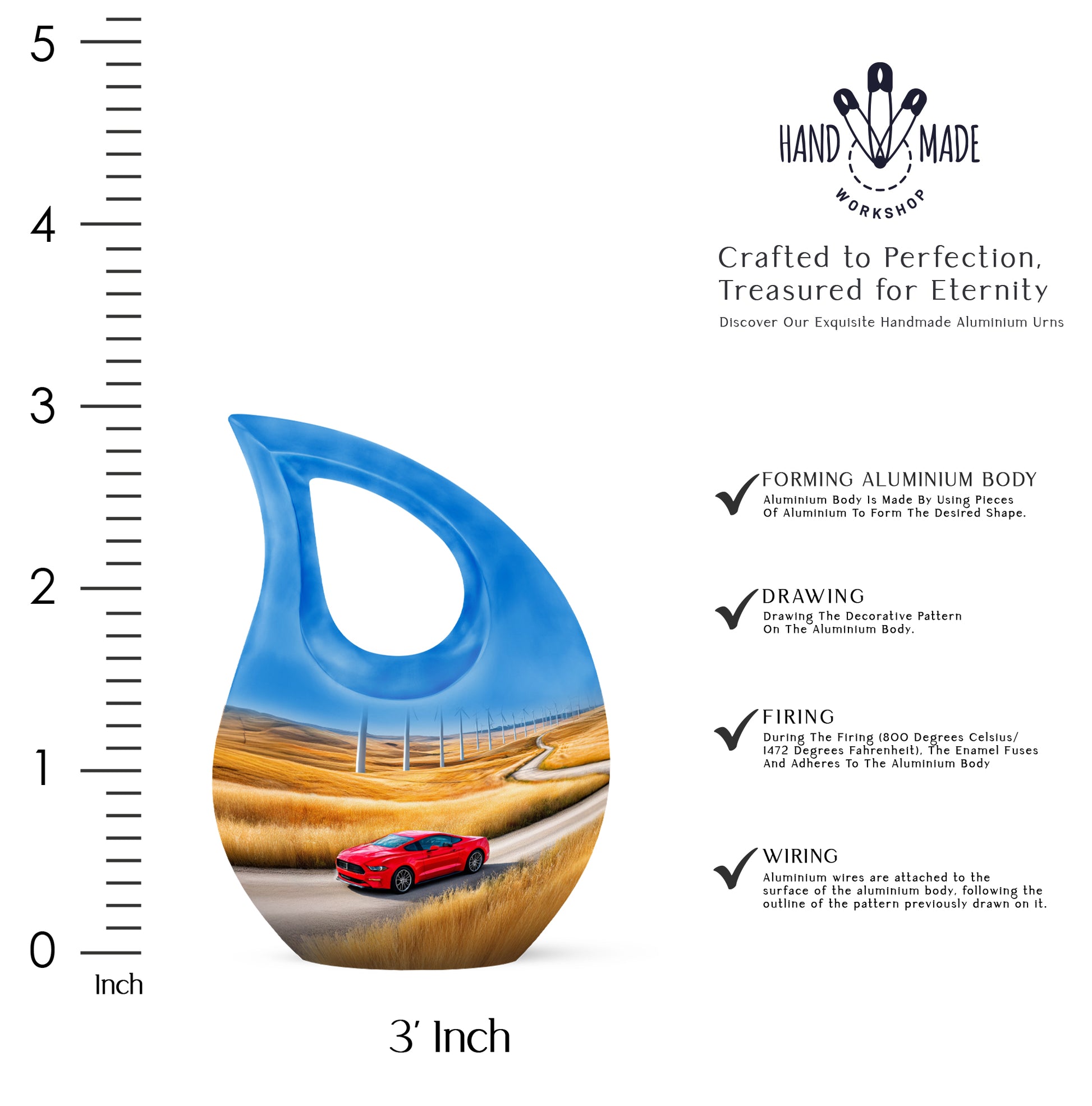 Dusty Blue Car Cremation Urn back view with polished surface - sacred cross merged with car motif on metal - mini keepsake memorial for portion of cremation ashes