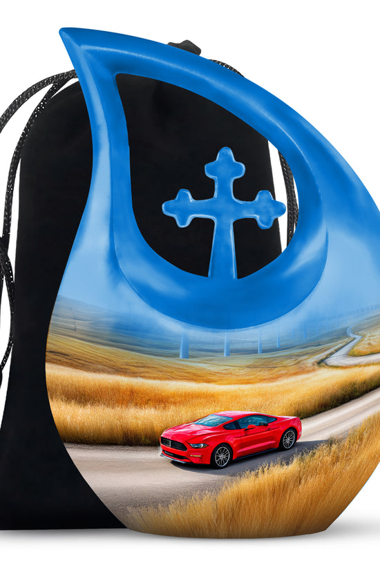 Vivid Blue Car Cremation Urn top-down view of secure threaded lid - faith-inspired cross-drop urn with car pattern - full-size 10 inch 200 cubic inch adult cremation urn