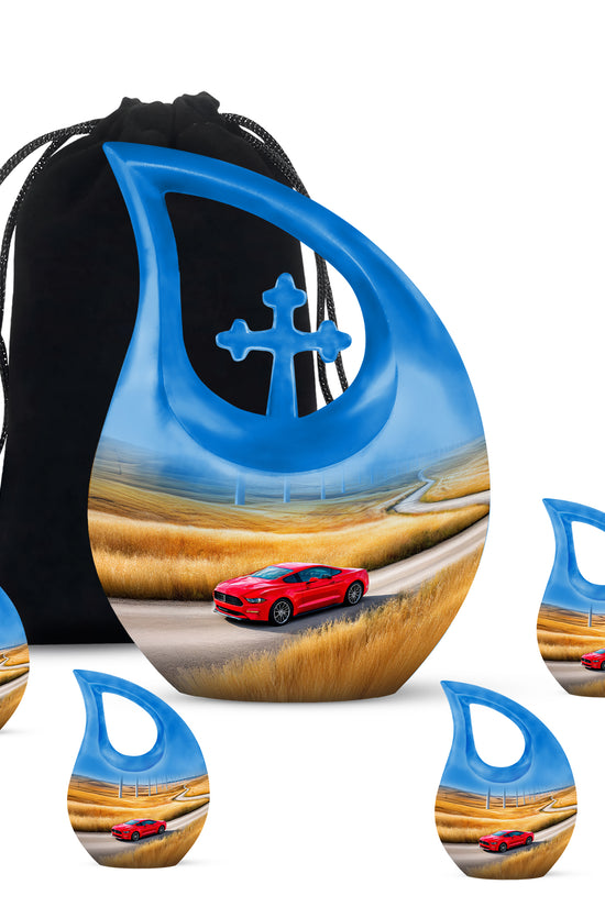 Powder Blue Car Cremation Urn urn with complimentary velvet bag - sacred cross merged with car motif on metal - memorial set with one large and four small urns