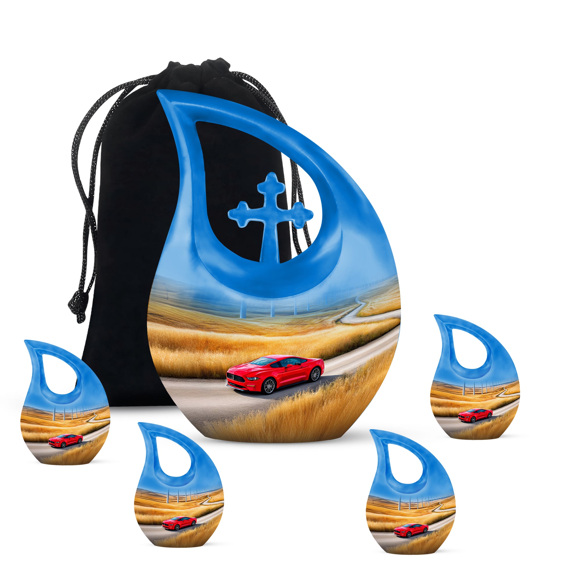 Powder Blue Car Cremation Urn urn with complimentary velvet bag - sacred cross merged with car motif on metal - memorial set with one large and four small urns