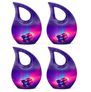 Indigo Car Cremation Urn lifestyle display on memorial shelf - cross and car combined in spiritual memorial design - 10 inch aluminum urn for cremated remains