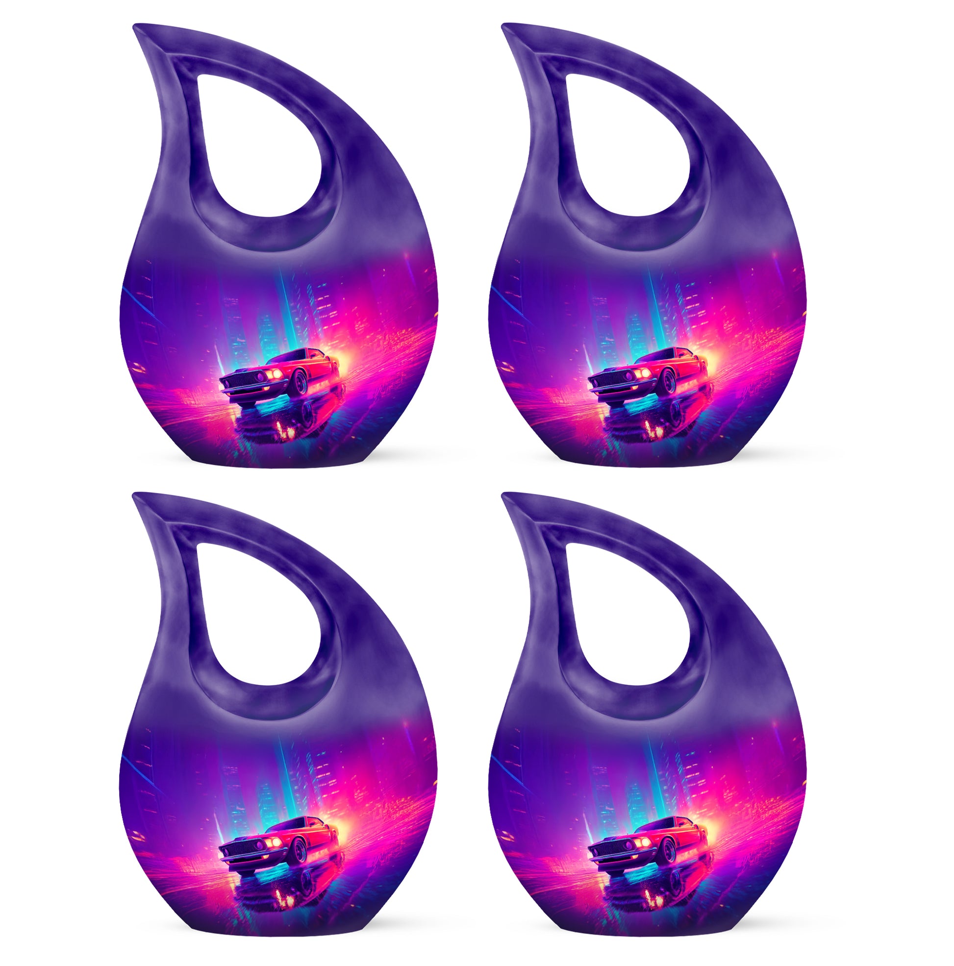 Indigo Car Cremation Urn lifestyle display on memorial shelf - cross and car combined in spiritual memorial design - 10 inch aluminum urn for cremated remains