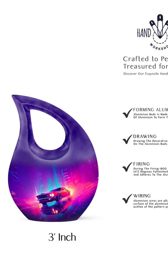 Vivid Blue Car Cremation Urn back view with polished surface - devotional cross-drop car engraving - mini keepsake memorial for portion of cremation ashes