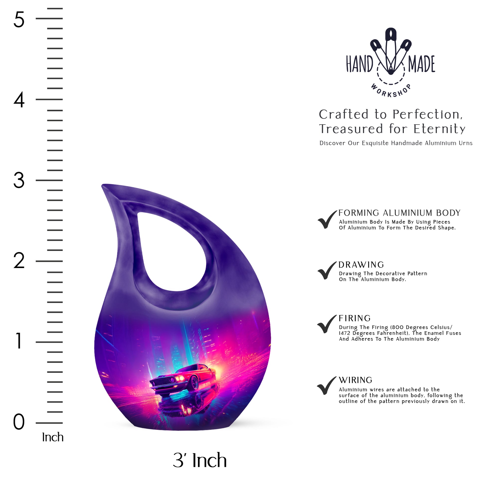 Vivid Blue Car Cremation Urn back view with polished surface - devotional cross-drop car engraving - mini keepsake memorial for portion of cremation ashes