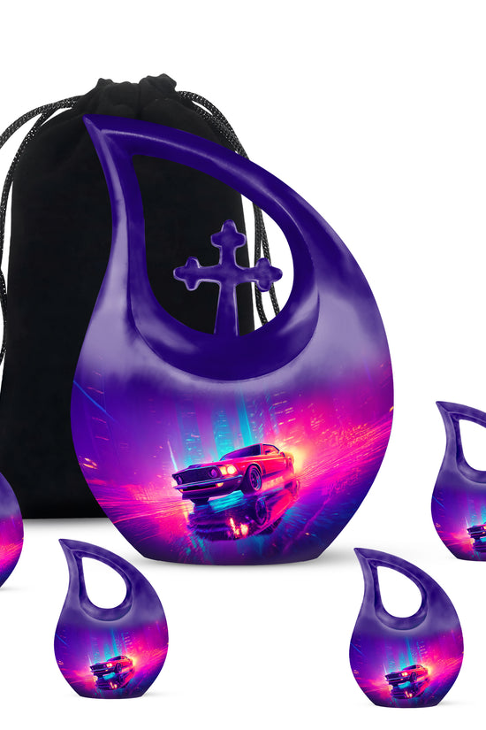 Royal Blue Car Cremation Urn urn with complimentary velvet bag - faith-inspired cross-drop urn with car pattern - memorial set with one large and four small urns