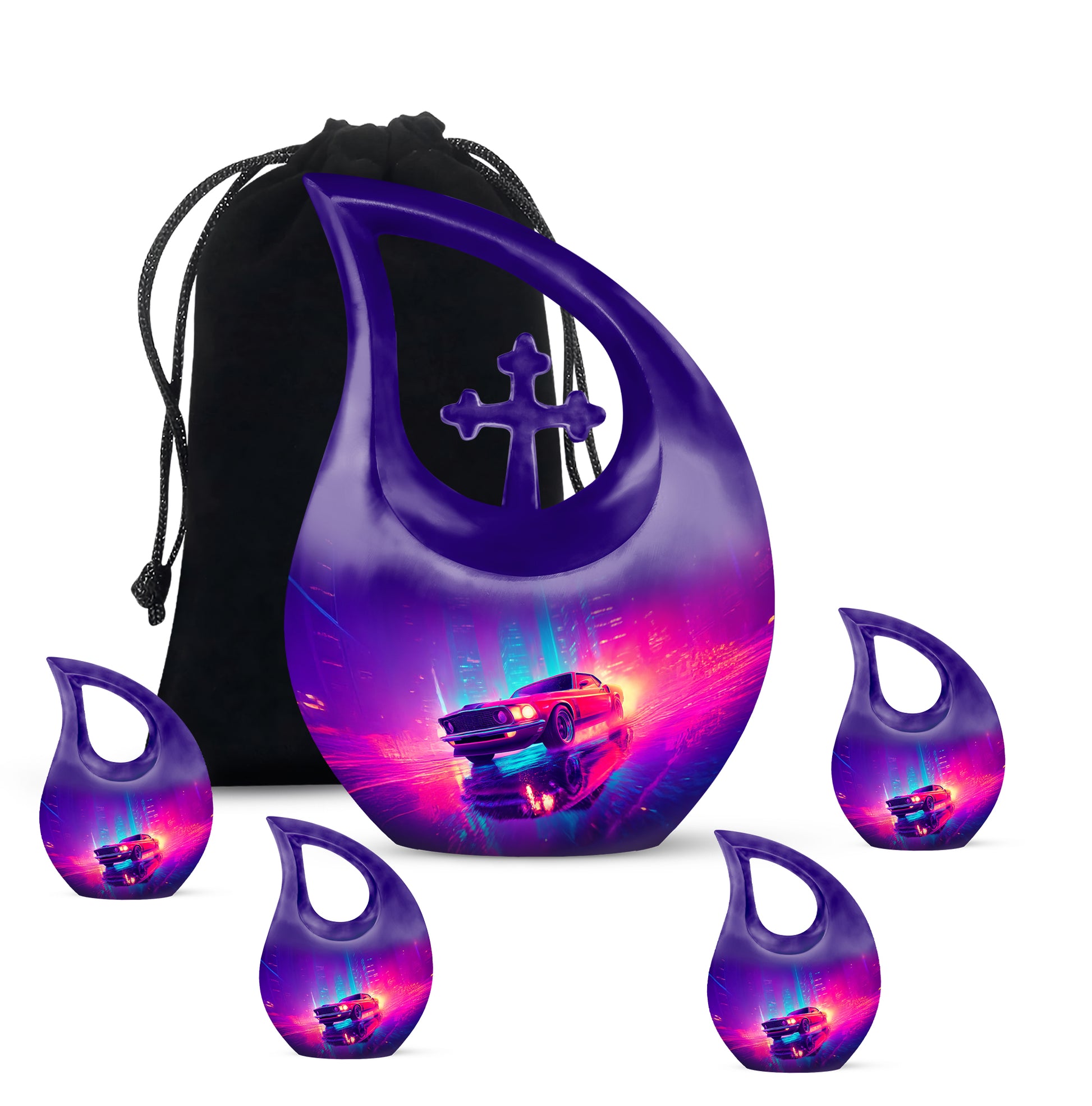 Royal Blue Car Cremation Urn urn with complimentary velvet bag - faith-inspired cross-drop urn with car pattern - memorial set with one large and four small urns