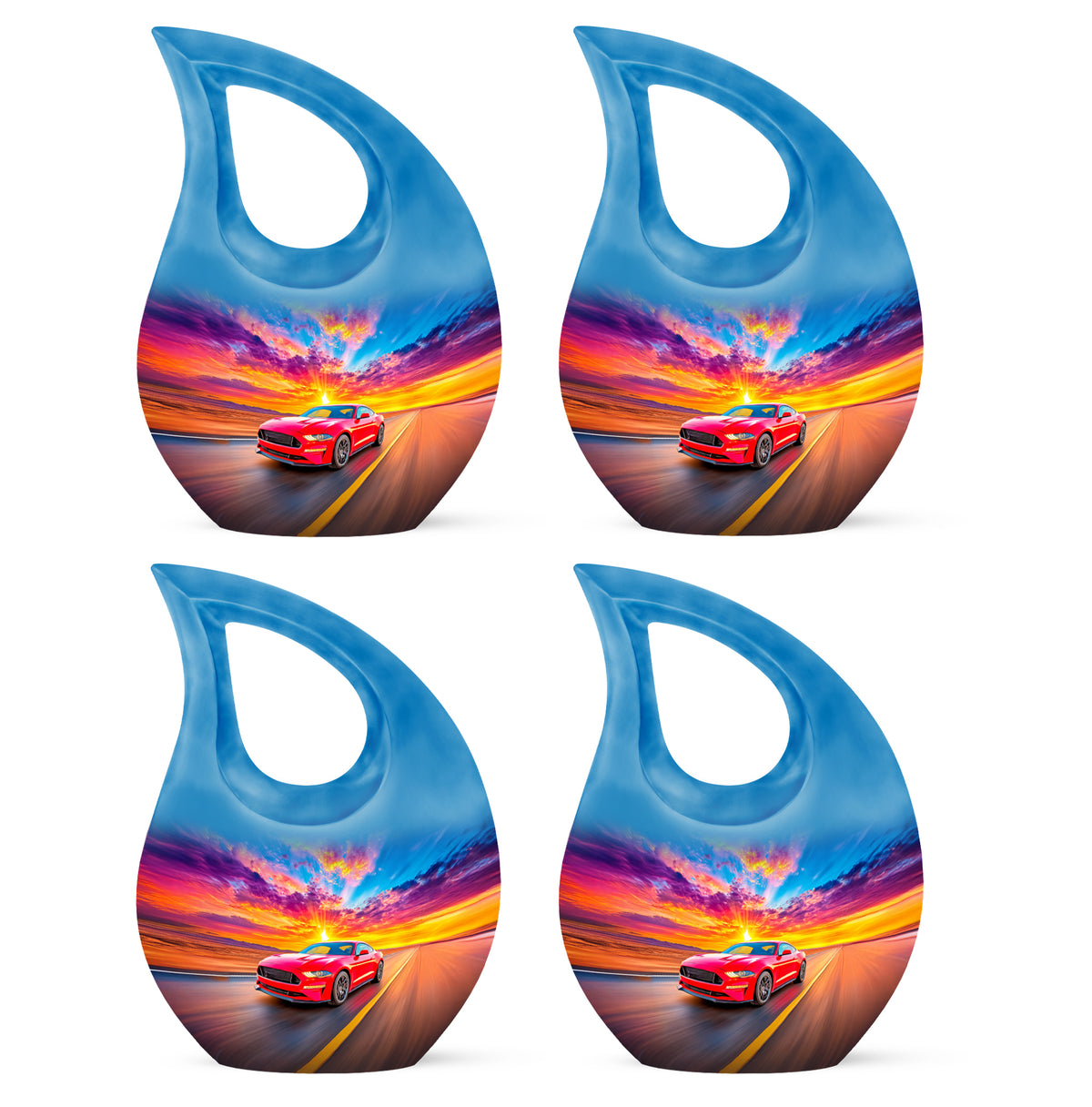 Dusty Blue Car Cremation Urn lifestyle display on memorial shelf - sacred cross merged with car motif on metal - 10 inch aluminum urn for cremated remains