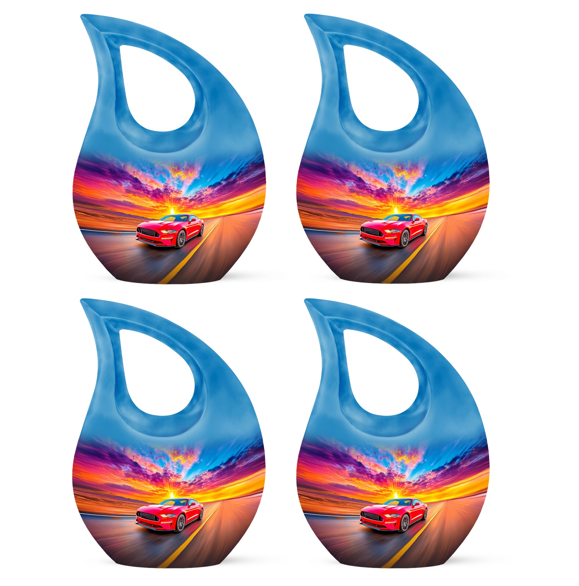 Dusty Blue Car Cremation Urn lifestyle display on memorial shelf - sacred cross merged with car motif on metal - 10 inch aluminum urn for cremated remains