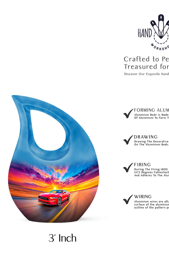 Steel Blue Car Cremation Urn back view with polished surface - devotional cross-drop car engraving - mini keepsake memorial for portion of cremation ashes