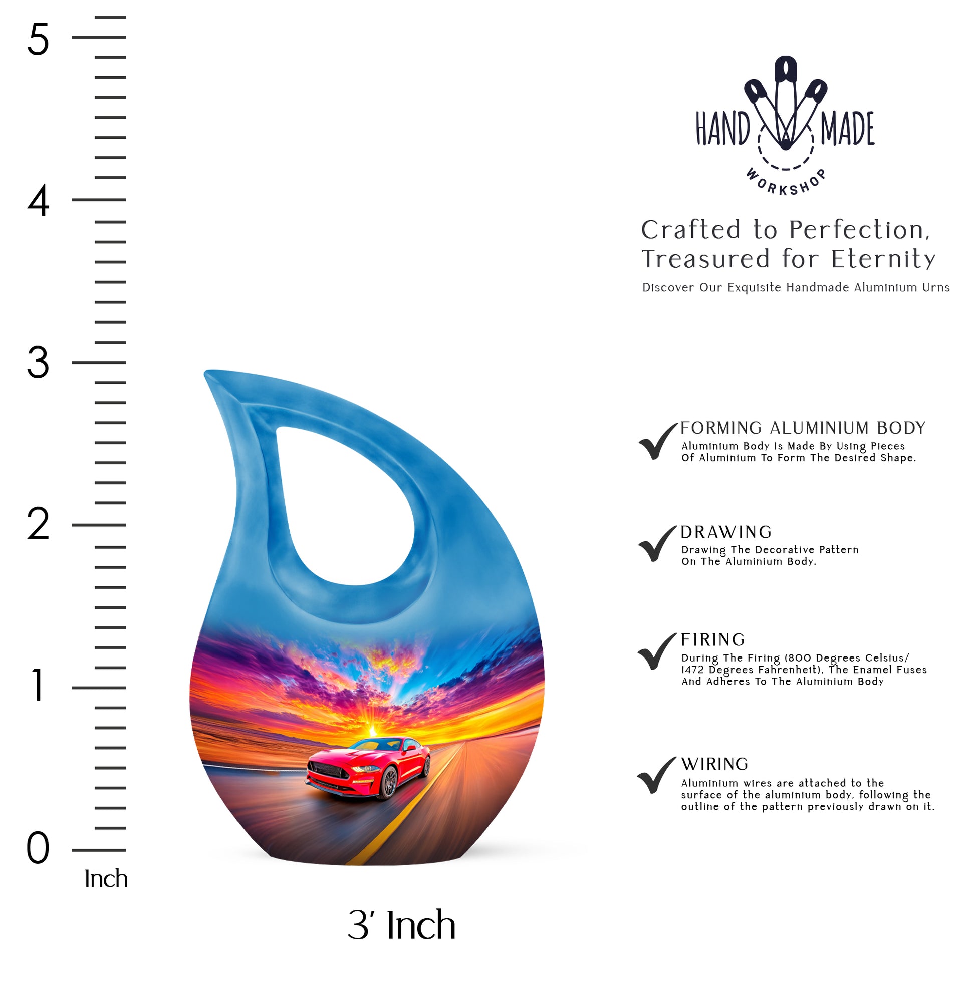 Steel Blue Car Cremation Urn back view with polished surface - devotional cross-drop car engraving - mini keepsake memorial for portion of cremation ashes