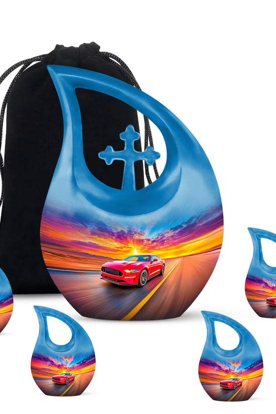 Slate Blue Car Cremation Urn urn with complimentary velvet bag - cross and car combined in spiritual memorial design - memorial set with one large and four small urns