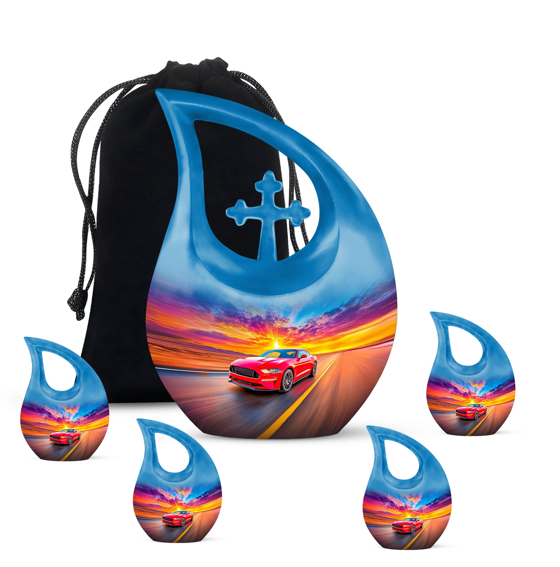 Slate Blue Car Cremation Urn urn with complimentary velvet bag - cross and car combined in spiritual memorial design - memorial set with one large and four small urns