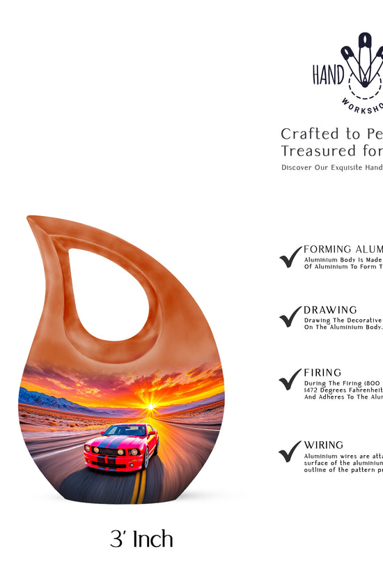 Petal Pink Car Cremation Urn back view with polished surface - faith-inspired cross-drop urn with car pattern - mini keepsake memorial for portion of cremation ashes