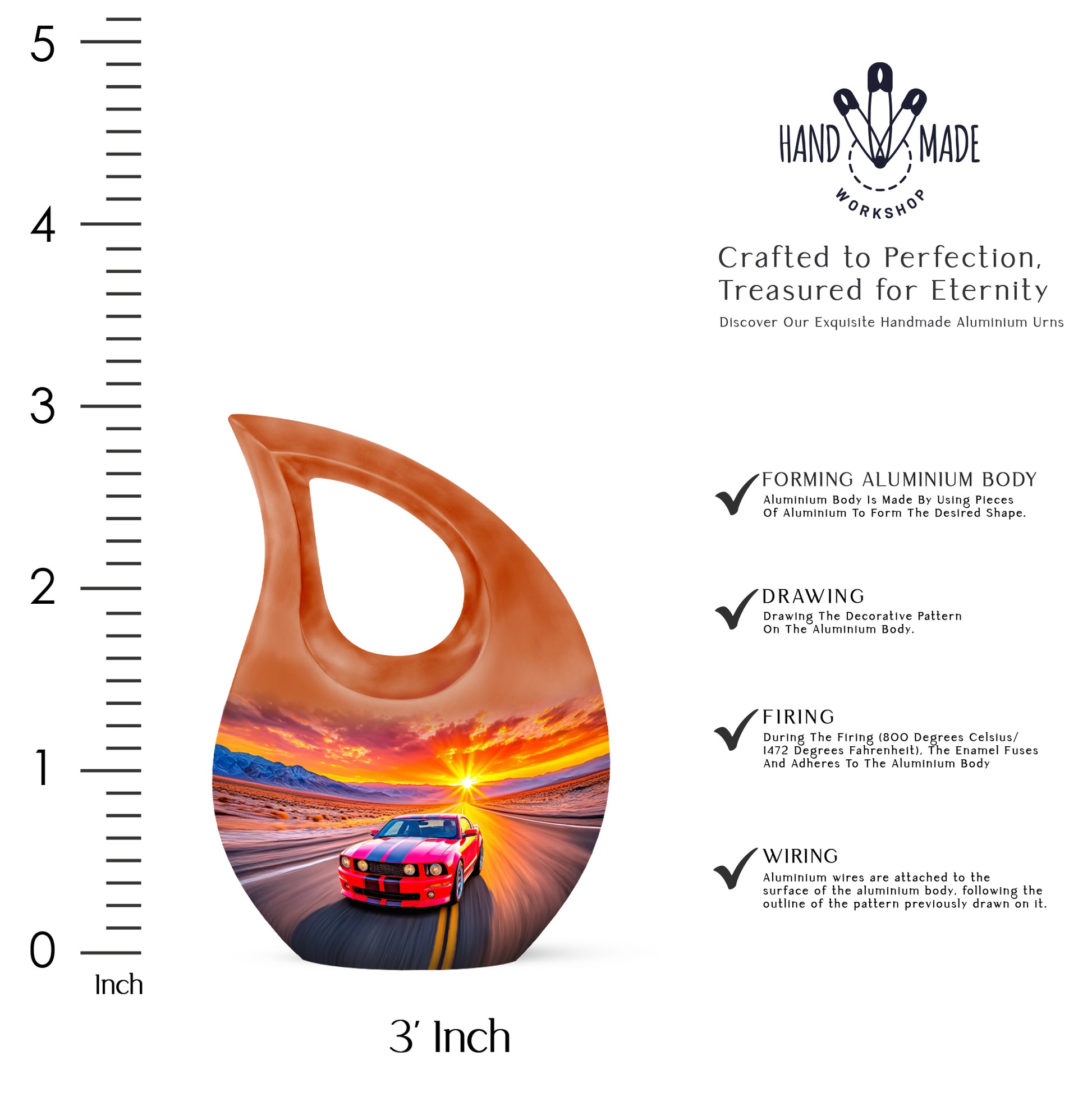 Petal Pink Car Cremation Urn back view with polished surface - faith-inspired cross-drop urn with car pattern - mini keepsake memorial for portion of cremation ashes