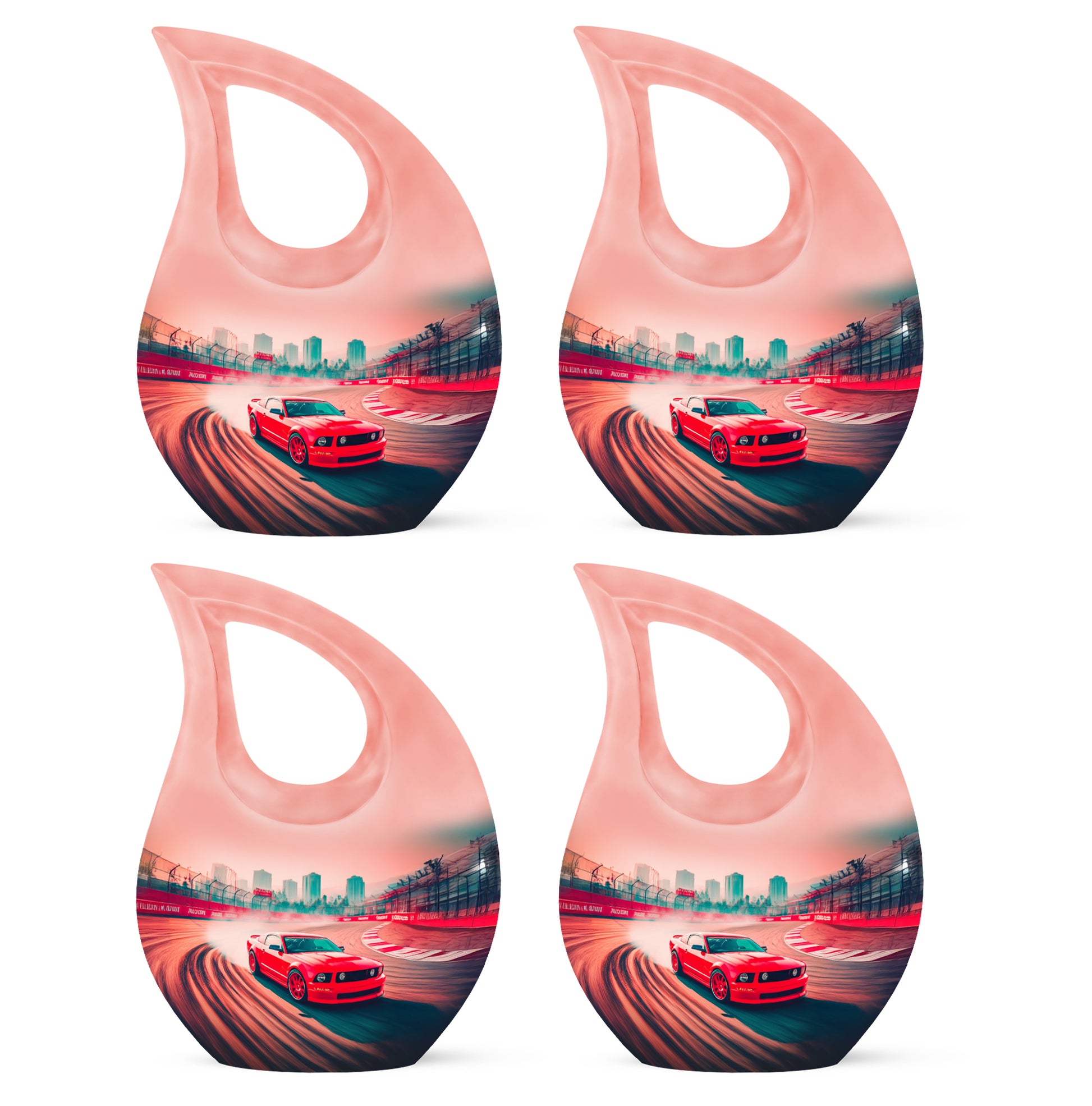 Garnet Red Car Cremation Urn lifestyle display on memorial shelf - cross and car combined in spiritual memorial design - 10 inch aluminum urn for cremated remains