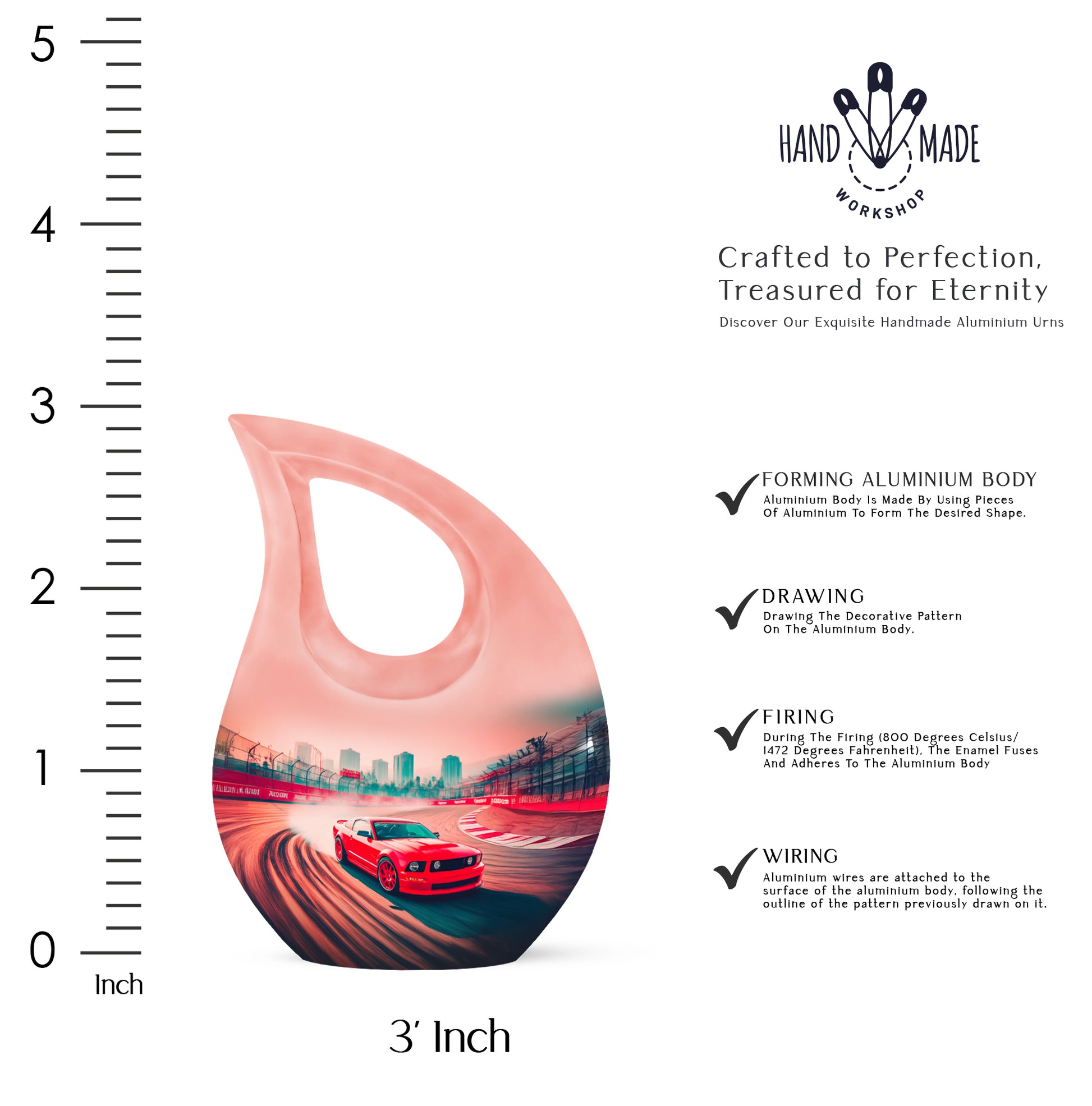 Ruby Red Car Cremation Urn back view with polished surface - devotional cross-drop car engraving - mini keepsake memorial for portion of cremation ashes