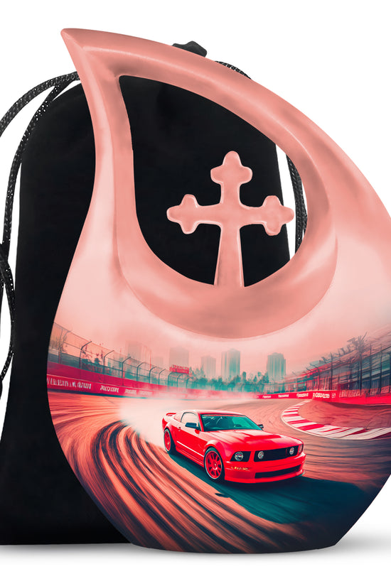 Wine Red Car Cremation Urn top-down view of secure threaded lid - sacred cross merged with car motif on metal - full-size 10 inch 200 cubic inch adult cremation urn