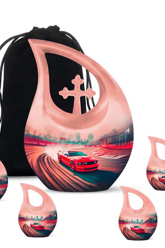 Burgundy Red Car Cremation Urn urn with complimentary velvet bag - sacred cross merged with car motif on metal - memorial set with one large and four small urns