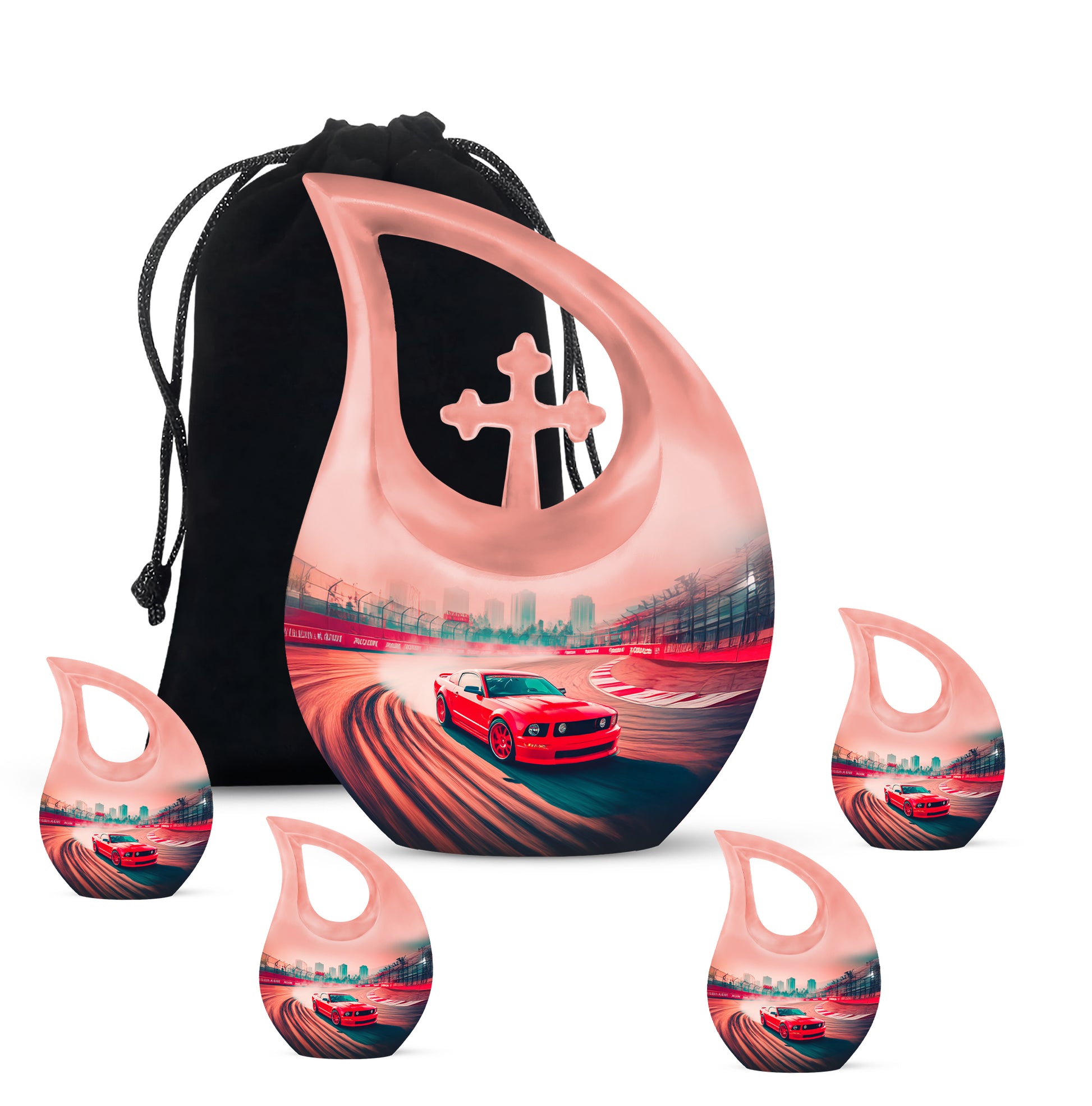 Burgundy Red Car Cremation Urn urn with complimentary velvet bag - sacred cross merged with car motif on metal - memorial set with one large and four small urns