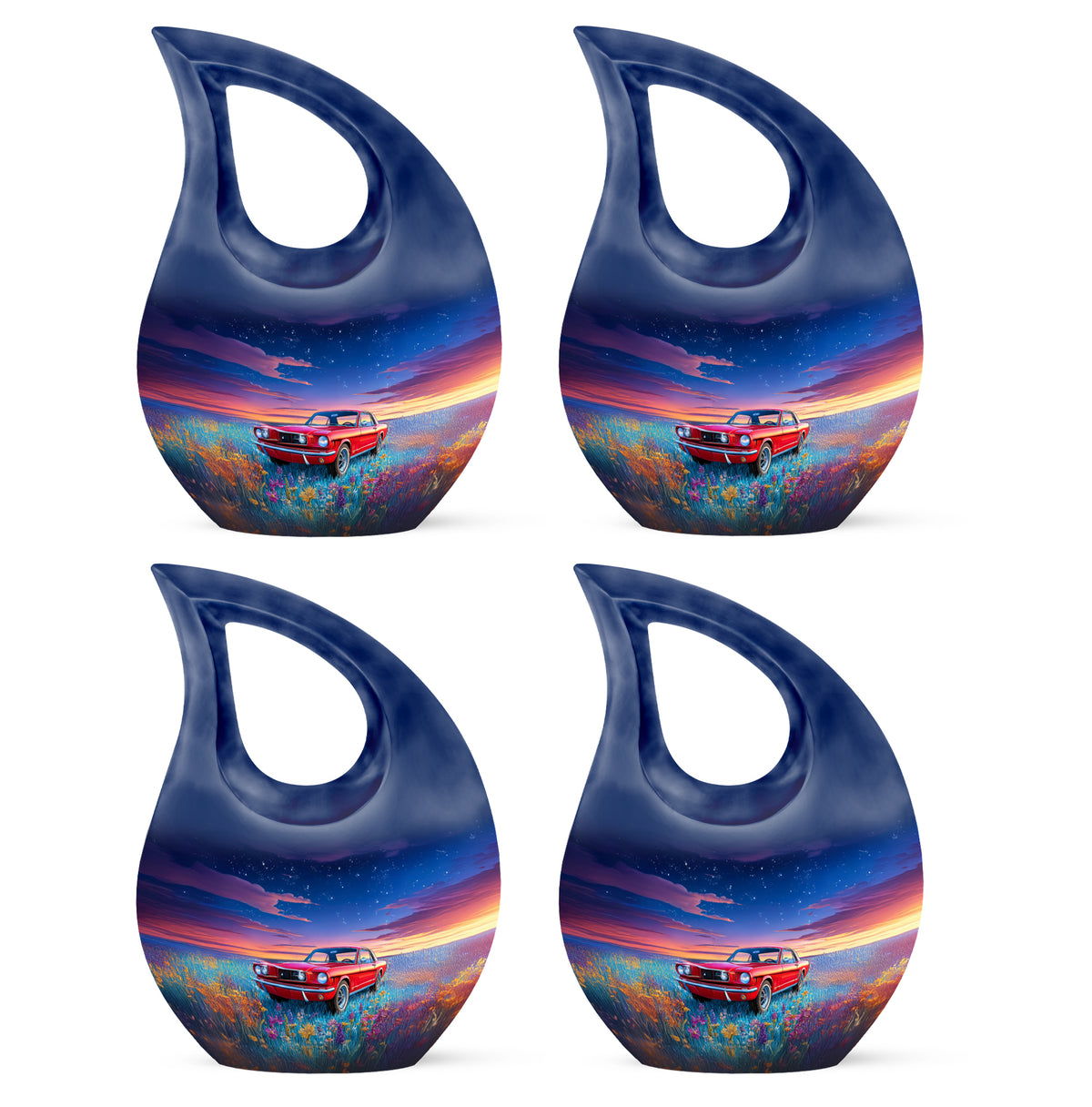 Twilight Blue Car Cremation Urn lifestyle display on memorial shelf - faith-inspired cross-drop urn with car pattern - 10 inch aluminum urn for cremated remains