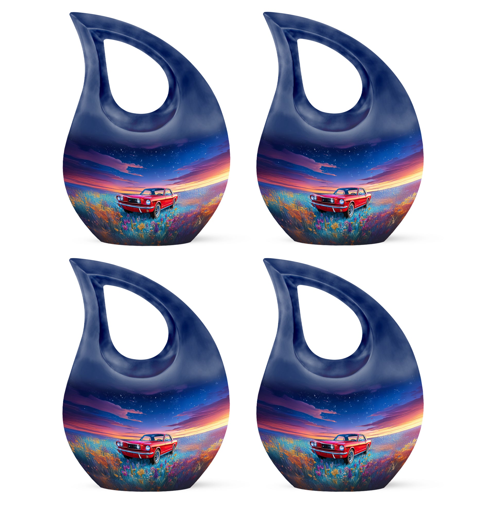 Twilight Blue Car Cremation Urn lifestyle display on memorial shelf - faith-inspired cross-drop urn with car pattern - 10 inch aluminum urn for cremated remains