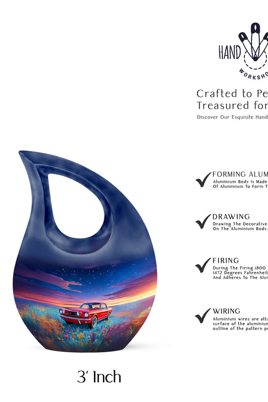 Powder Blue Car Cremation Urn back view with polished surface - cross and car combined in spiritual memorial design - mini keepsake memorial for portion of cremation ashes