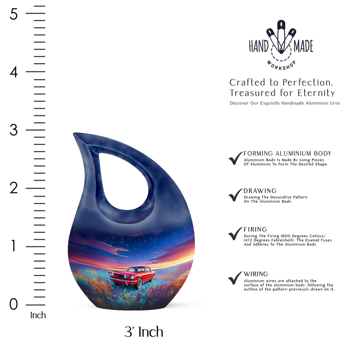 Powder Blue Car Cremation Urn back view with polished surface - cross and car combined in spiritual memorial design - mini keepsake memorial for portion of cremation ashes