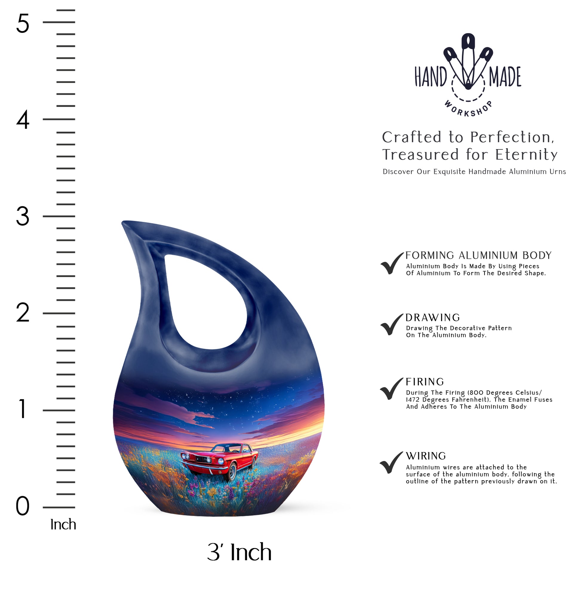 Powder Blue Car Cremation Urn back view with polished surface - cross and car combined in spiritual memorial design - mini keepsake memorial for portion of cremation ashes