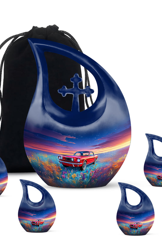 Soft Blue Car Cremation Urn urn with complimentary velvet bag - devotional cross-drop car engraving - memorial set with one large and four small urns