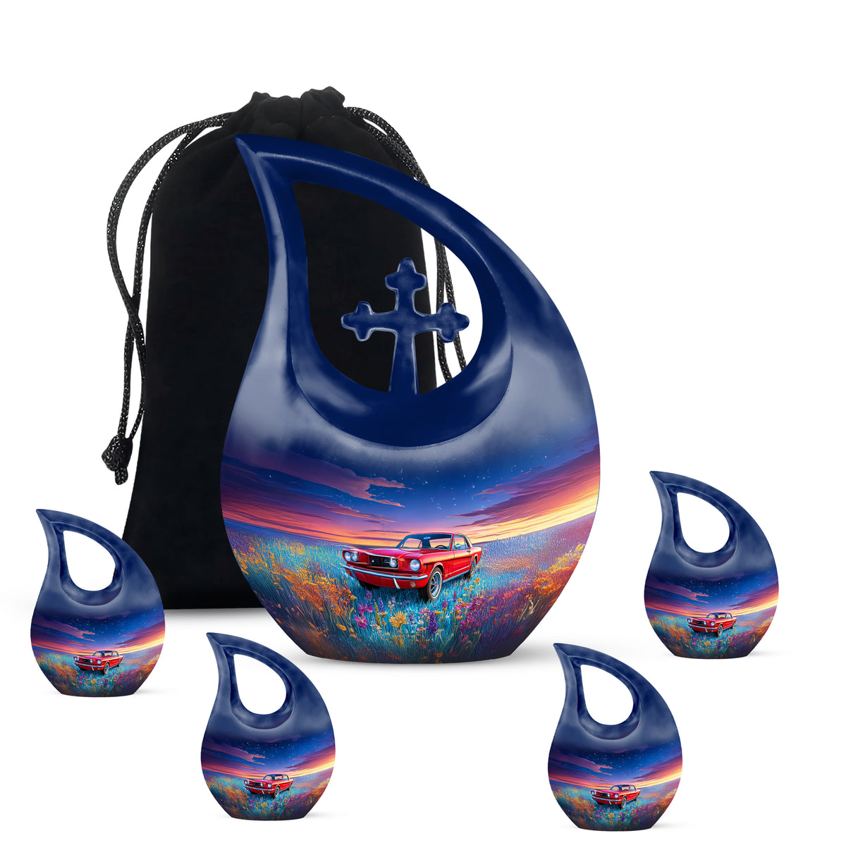 Soft Blue Car Cremation Urn urn with complimentary velvet bag - devotional cross-drop car engraving - memorial set with one large and four small urns
