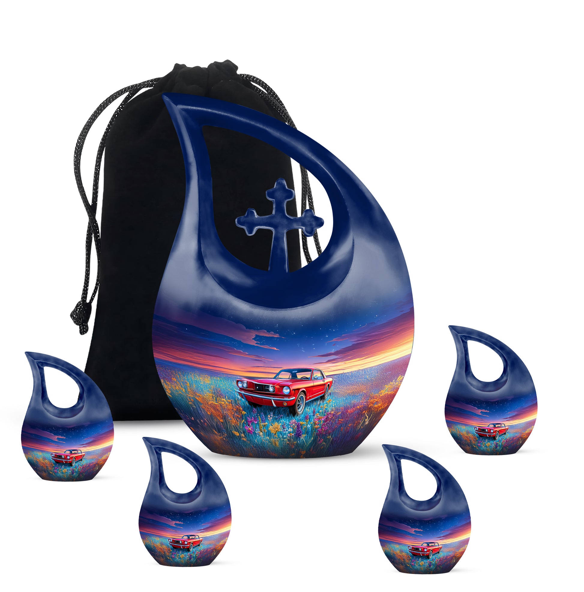 Soft Blue Car Cremation Urn urn with complimentary velvet bag - devotional cross-drop car engraving - memorial set with one large and four small urns