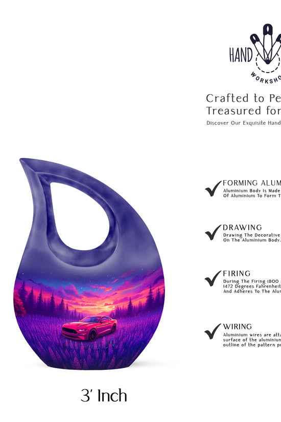 Misty Blue Car Cremation Urn back view with polished surface - cross and car combined in spiritual memorial design - mini keepsake memorial for portion of cremation ashes