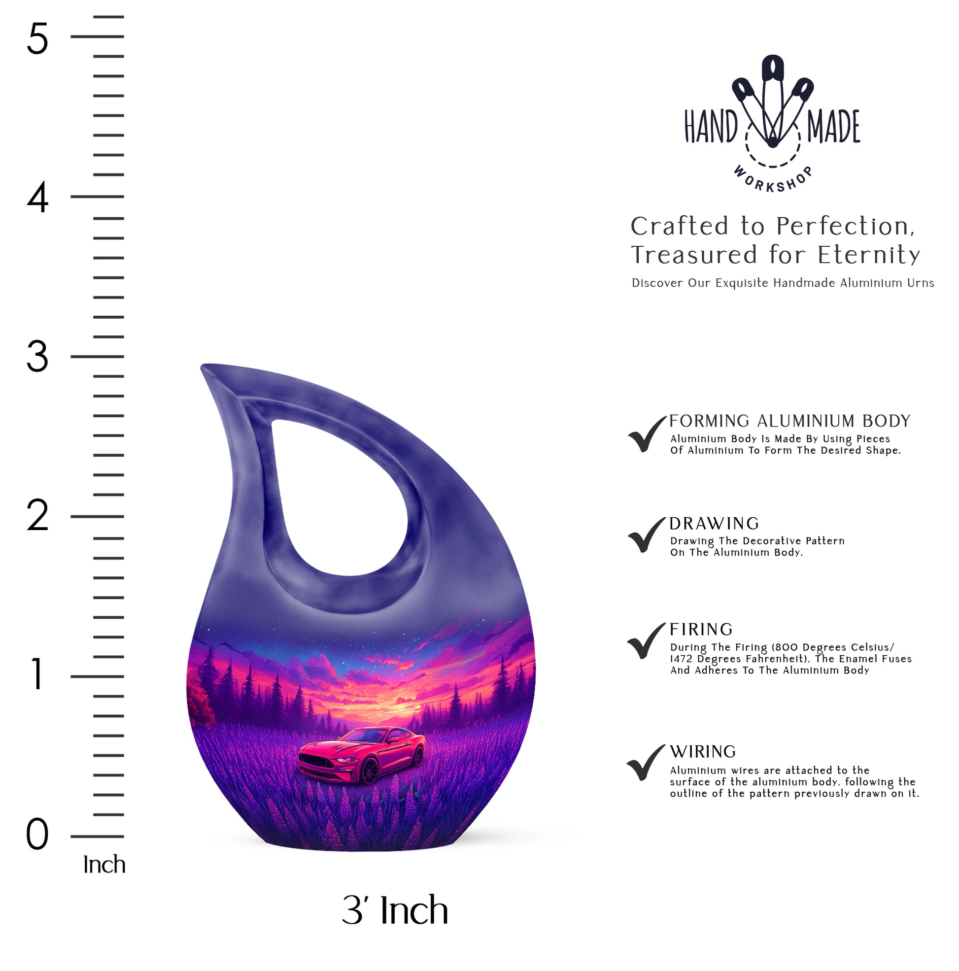 Misty Blue Car Cremation Urn back view with polished surface - cross and car combined in spiritual memorial design - mini keepsake memorial for portion of cremation ashes