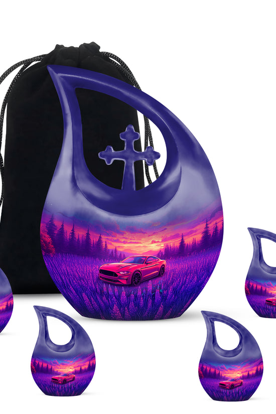 Bright Blue Car Cremation Urn urn with complimentary velvet bag - devotional cross-drop car engraving - memorial set with one large and four small urns