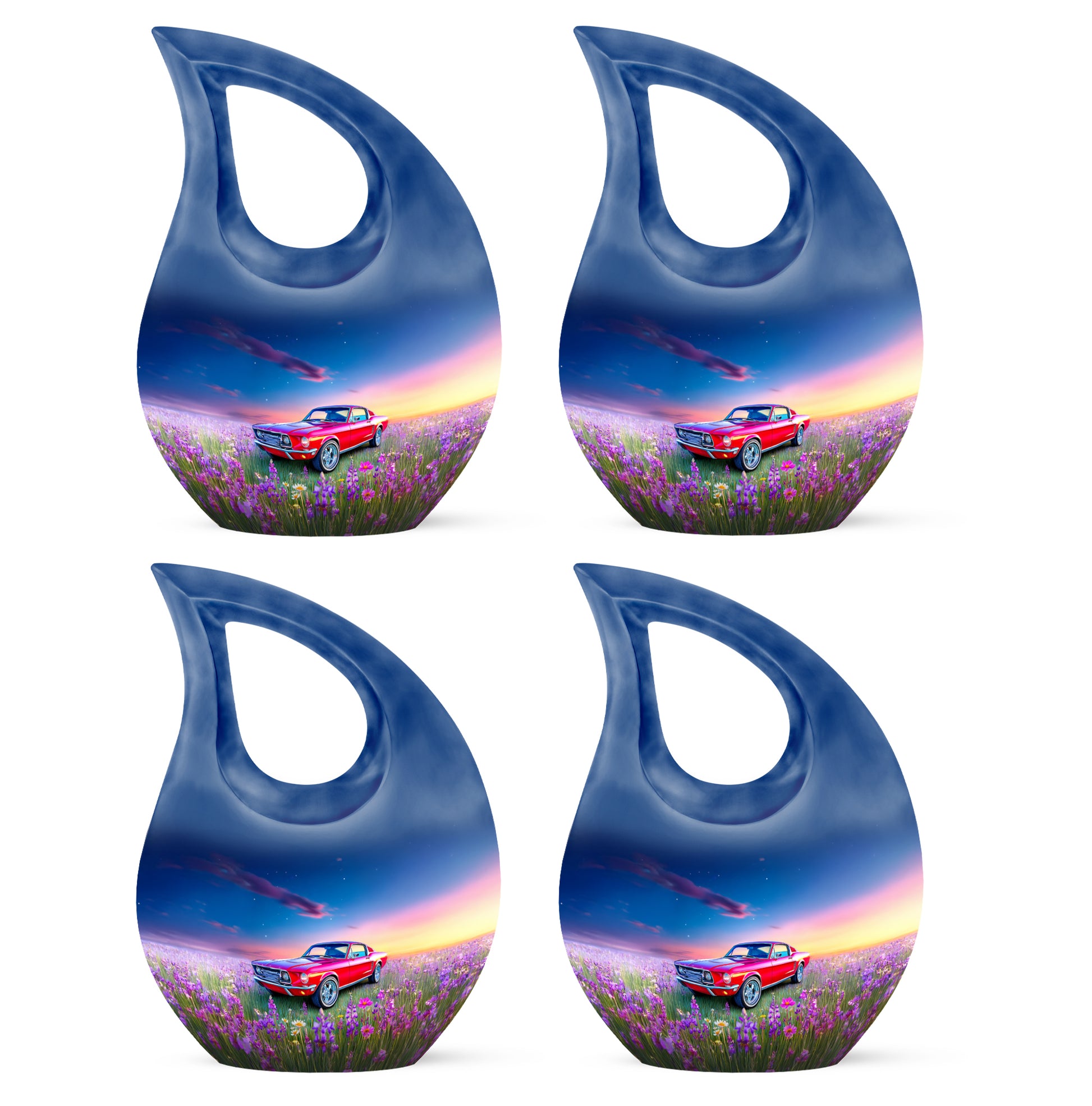 Bright Blue Car Cremation Urn lifestyle display on memorial shelf - faith-inspired cross-drop urn with car pattern - 10 inch aluminum urn for cremated remains