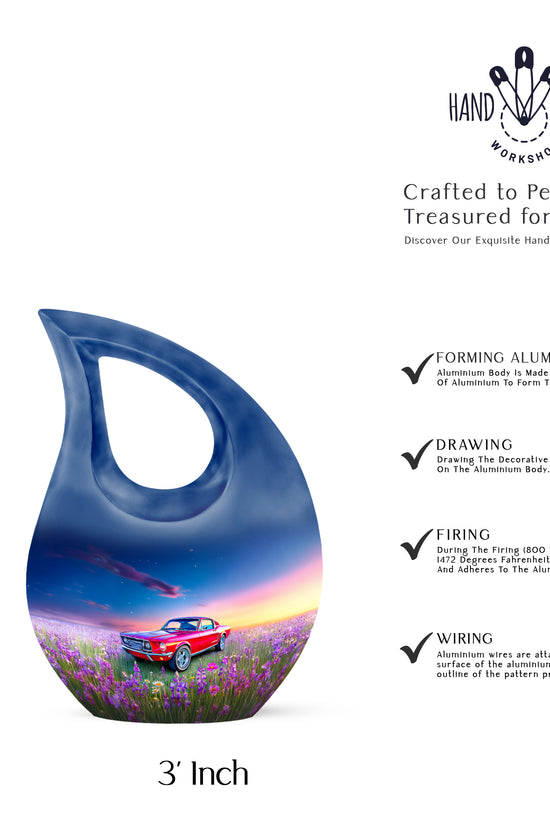 Bright Blue Car Cremation Urn back view with polished surface - faith-inspired cross-drop urn with car pattern - mini keepsake memorial for portion of cremation ashes