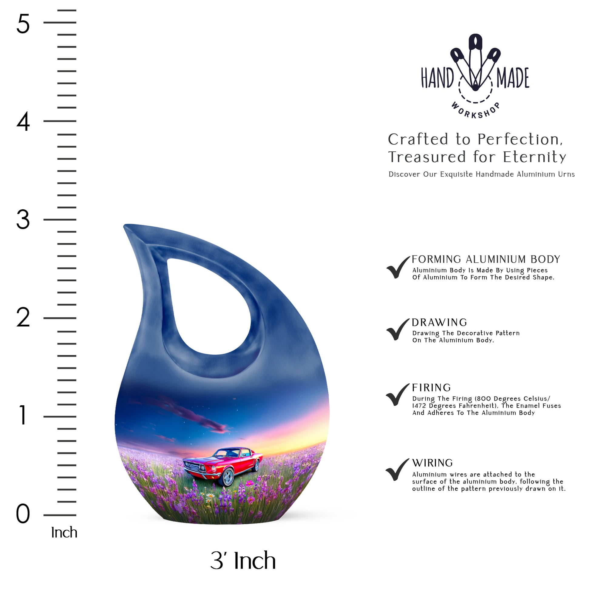 Bright Blue Car Cremation Urn back view with polished surface - faith-inspired cross-drop urn with car pattern - mini keepsake memorial for portion of cremation ashes