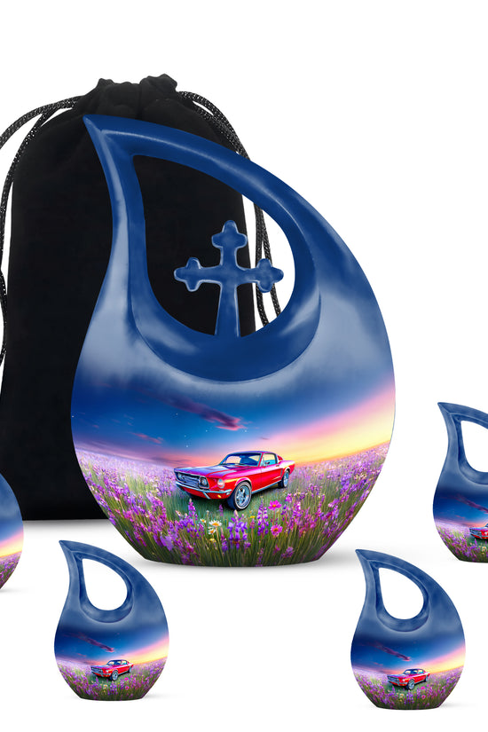 Icy Blue Car Cremation Urn urn with complimentary velvet bag - sacred cross merged with car motif on metal - memorial set with one large and four small urns