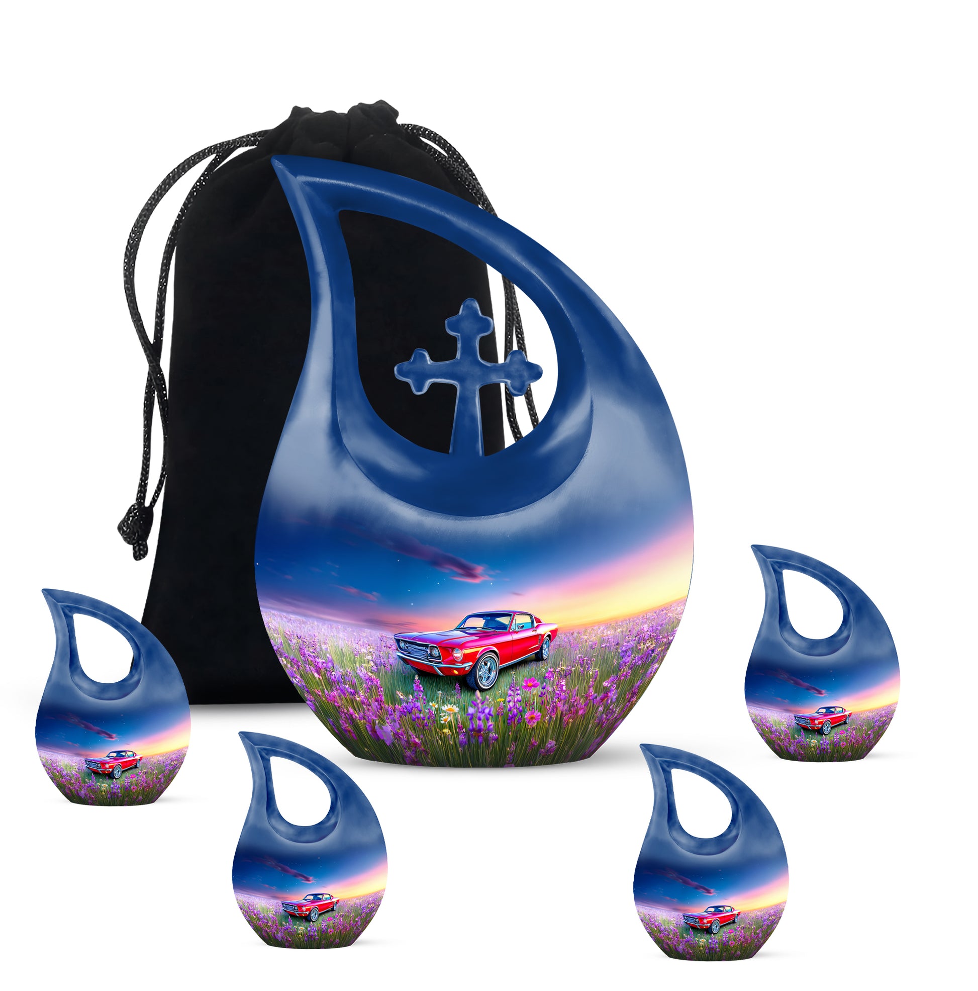 Icy Blue Car Cremation Urn urn with complimentary velvet bag - sacred cross merged with car motif on metal - memorial set with one large and four small urns