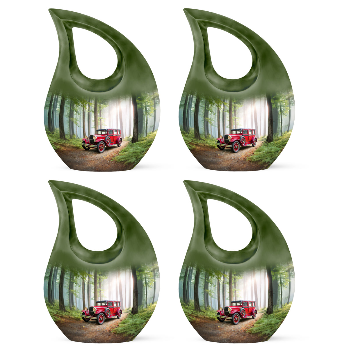 Olive Green Car Cremation Urn lifestyle display on memorial shelf - devotional cross-drop car engraving - 10 inch aluminum urn for cremated remains