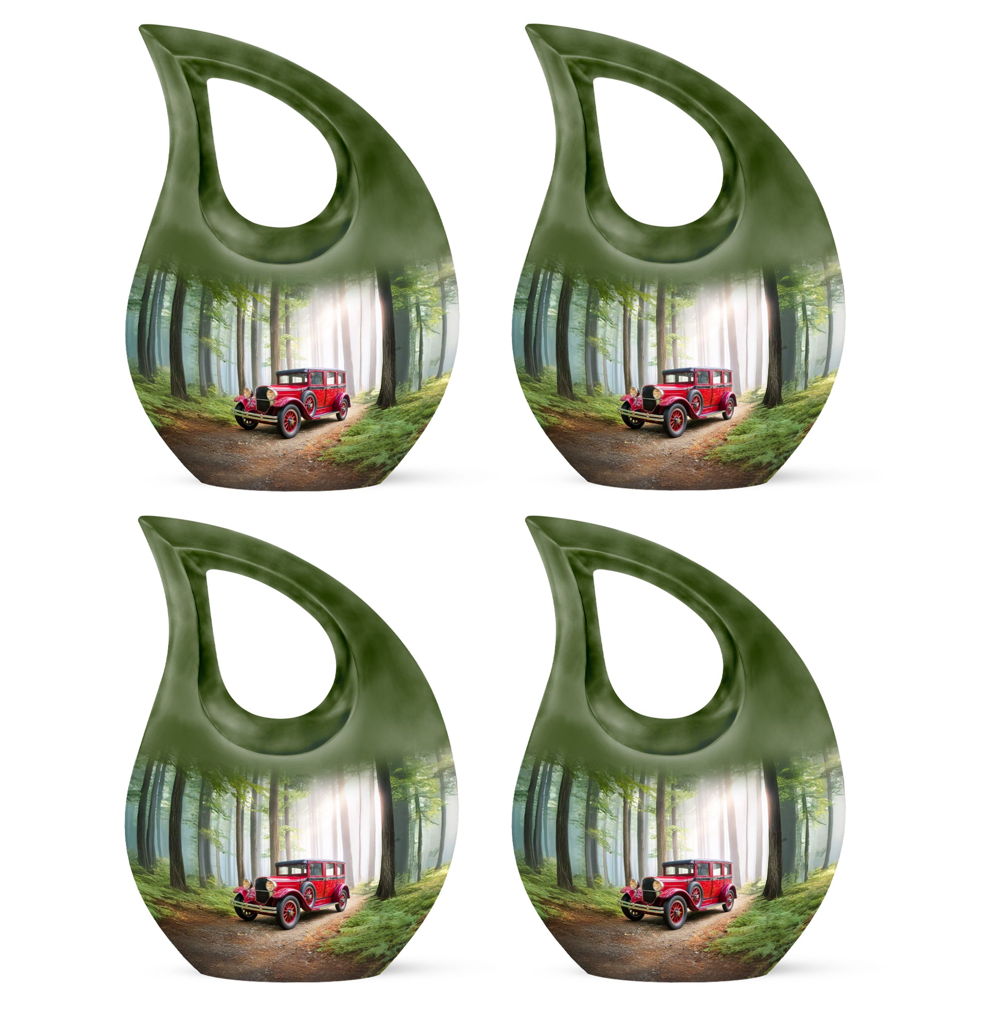 Olive Green Car Cremation Urn lifestyle display on memorial shelf - devotional cross-drop car engraving - 10 inch aluminum urn for cremated remains