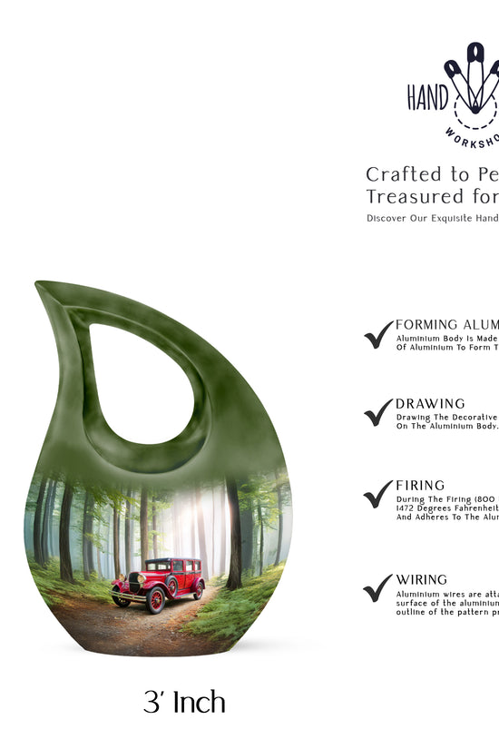 Emerald Green Car Cremation Urn back view with polished surface - sacred cross merged with car motif on metal - mini keepsake memorial for portion of cremation ashes
