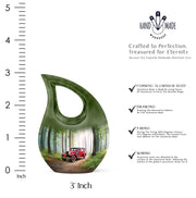 Emerald Green Car Cremation Urn back view with polished surface - sacred cross merged with car motif on metal - mini keepsake memorial for portion of cremation ashes