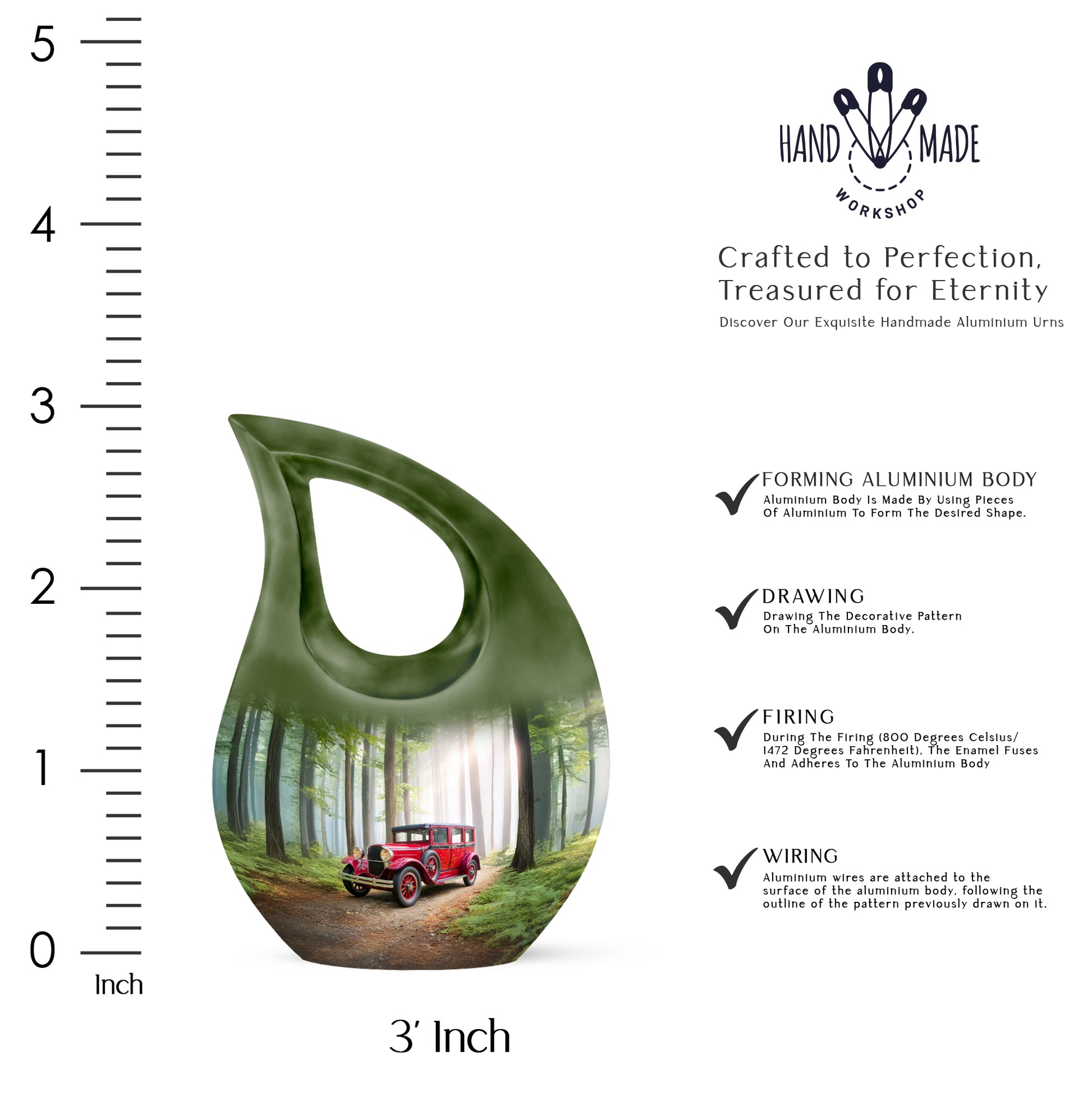 Emerald Green Car Cremation Urn back view with polished surface - sacred cross merged with car motif on metal - mini keepsake memorial for portion of cremation ashes