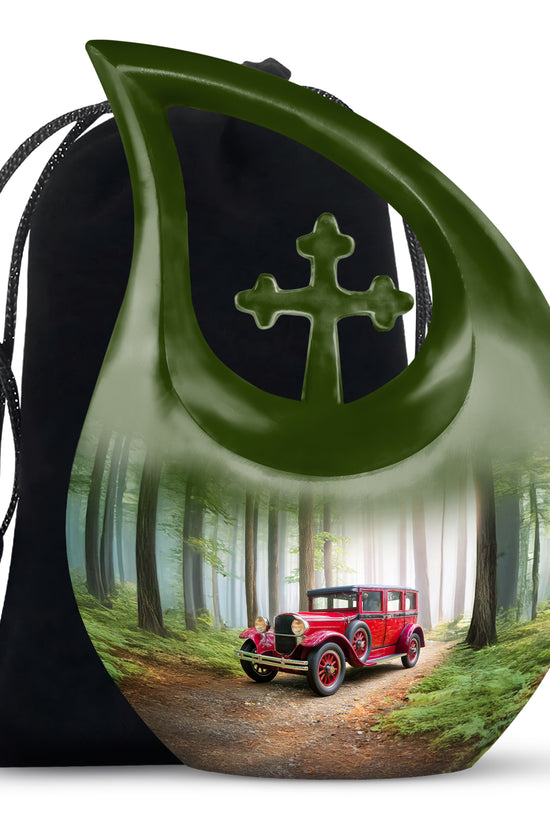 Red Antique Car Cremation Urn - Scenic Forest Memorial Urn For Loved Ones