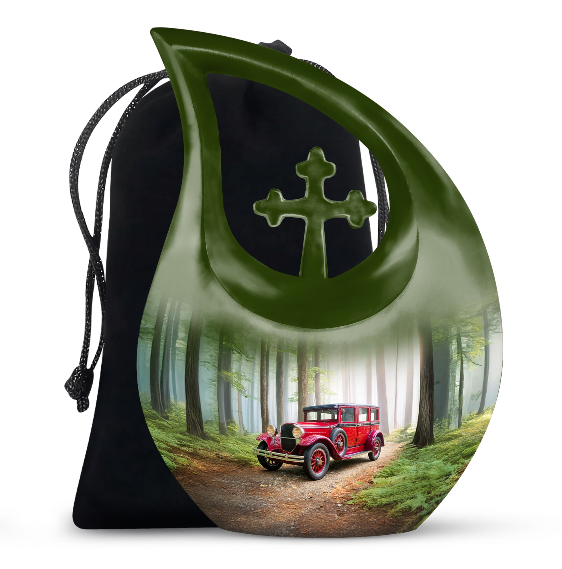 Red Antique Car Cremation Urn - Scenic Forest Memorial Urn For Loved Ones
