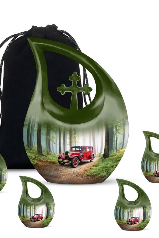 Verdant Green Car Cremation Urn urn with complimentary velvet bag - sacred cross merged with car motif on metal - memorial set with one large and four small urns